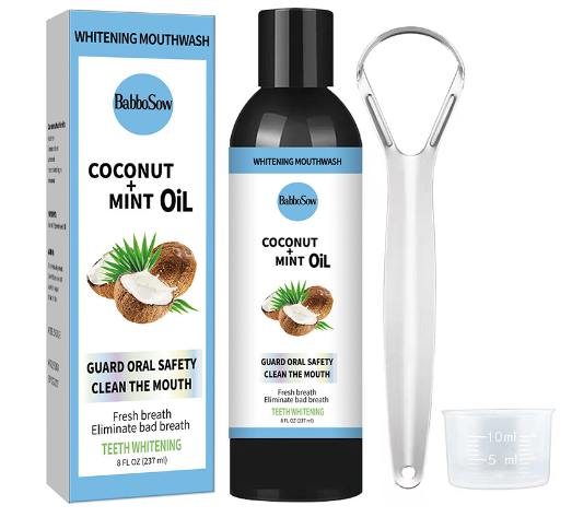 Coconut Mint Mouthwash and Tongue Scraper Set (One Set)
