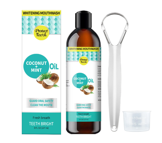 Coconut Mint Mouthwash and Tongue Scraper Set (One Set)